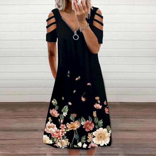 V-Neck Short Sleeve Print Dresses Summer Women Casual Dress Party Dresses For Female Beach Dress With Zipper For Lady 2021 New