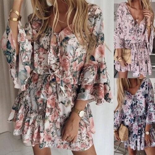 Ladies Mom Floral Ruffles Bowtie Dresses 2021 New Summer Fashion Chiffon Casual Costumes Women Cool Beach Deep V-Neck Clothes