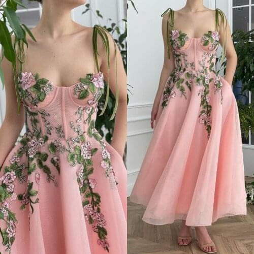 2021 Elegant Pink Prom Dress Lace Appliques Ankle Length Abiti Da Sera Robe De Soiree Formal Evening Gowns Abiye Gece Elbisesi