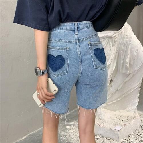 2021 Summer Jeans Shorts Women Heart Pockets High Waist Straight Loose Denim Shorts Black Love Patchwork Female Hot Shorts P025