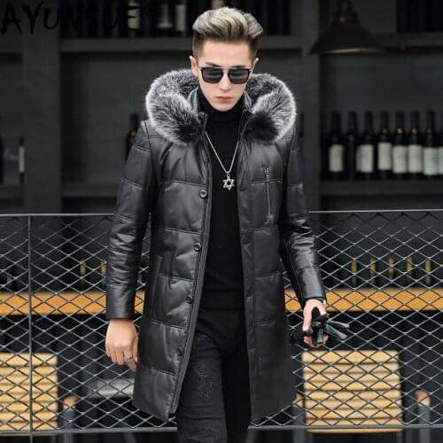 AYUSNUE Genuine Leather Down Jacket Men Winter Sheepskin Coat Fox Fur Collar Hooded Long Real Leather Jacket Men RS89812 KJ4966