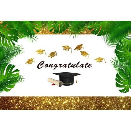 White Photography Background Black And Gloden Bachelor Caps With Gloden Powder And Tropical leaves Backdrop For Graduation Decor