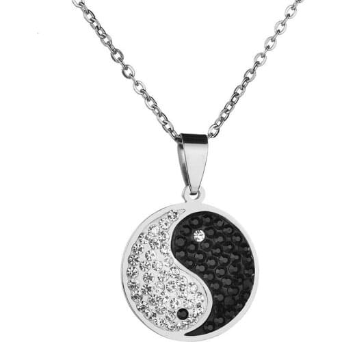 Black White Yin Yang Ba Gua Pendant Necklace Stainless Steel Rhinestone Tai Chi Pendant Necklace for Women Men Bijoux Collares