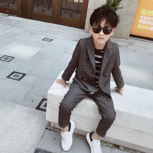 Boys Girls Double Breasted Blazer Jacket+Pants 2Pcs Clothing Set Gentleman Kids Formal Wedding Suit Children Performance Dress