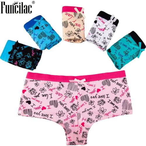 FUNCILAC Boxer for Woman Cotton Sexy Panties Kawaii Ladies Boyshort ButterflyPrint Underwear Briefs Bow Girls Knickers 5 Pcs/Lot