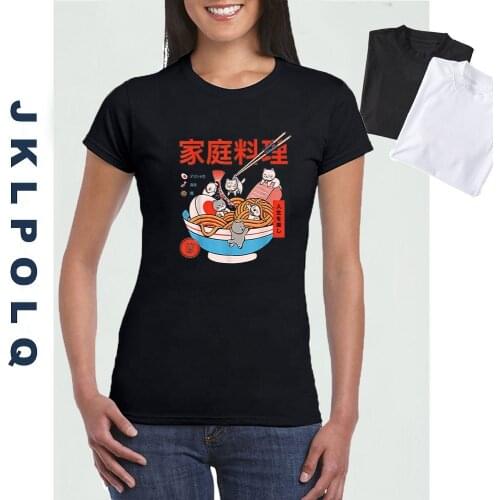 JKLPOLQ Women T-Shirt Cat Ramen And Mini Cats Funny Japanese Noodle Kitty Women Girl Vintage Short Sleeve T-Shirt Lovers Tee