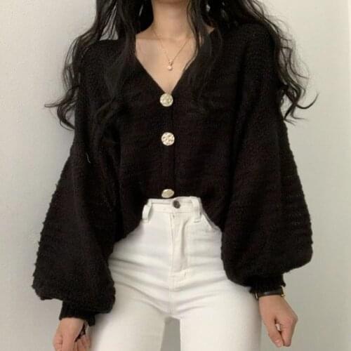 Sannian Women Weater Simple V-neck Big Button Loose Solid Color Lantern Sleeve Short Knit Cardigan Sweater Women Tops Clothes