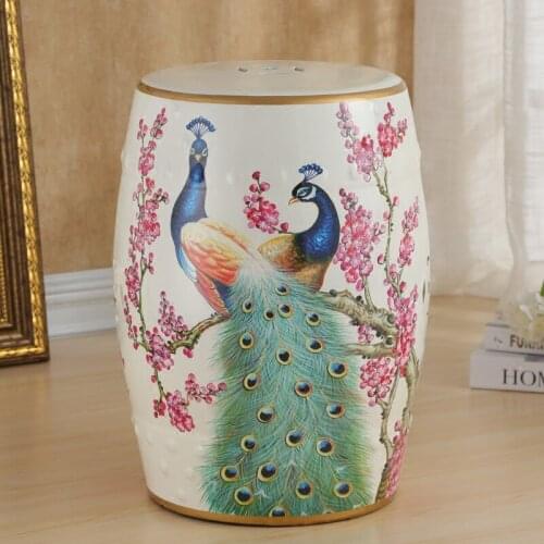 Ceramic porcelain Drum Stool Chinese-style Ceramic Drum Stool Flower-bird peacock pattern Ceramic Antique porcelain Stool