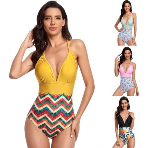 Floral Print Patchwork One Piece Swimsuit Women Push Up Monokini Bathing Suits Summer High Waist Beach Swimwear Bikini Bodysuit