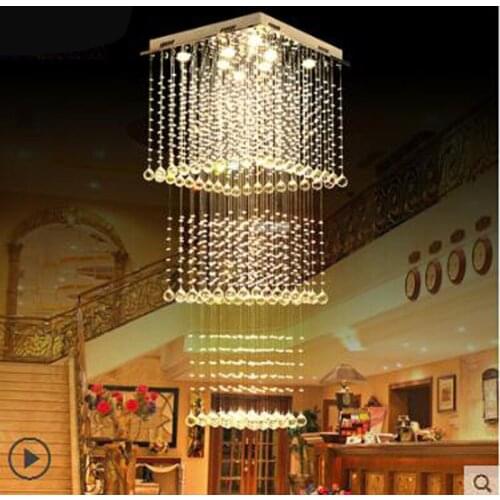 Square crystal chandelier living room lamp Three-story villa double staircase chandelier Restaurant lamp long chandelier modern