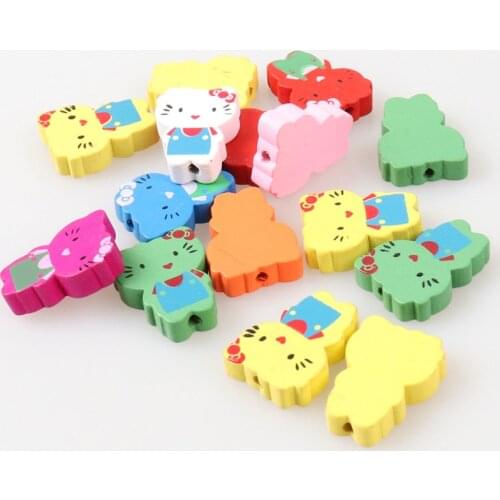 Wooden Cute Cartoon Hello Cat Spacer Beads For Jewelry Making DIY 23x18mm 20pcs Mixed