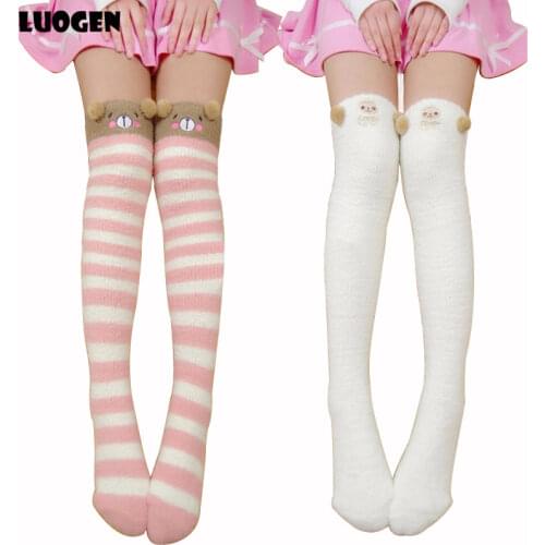 Kawaii Winter Warm Stockings Cartoon Bear Sheep Cat Women Thigh High Fleece Stockings Lolita Girls Thick Over Knee Stripe Socks