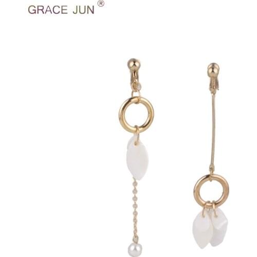 Korea Style Fashion Shell Simualted Long Chain Circle Geometric Clip on Earrings No Pierced for Women Fashion No Hole Earrings