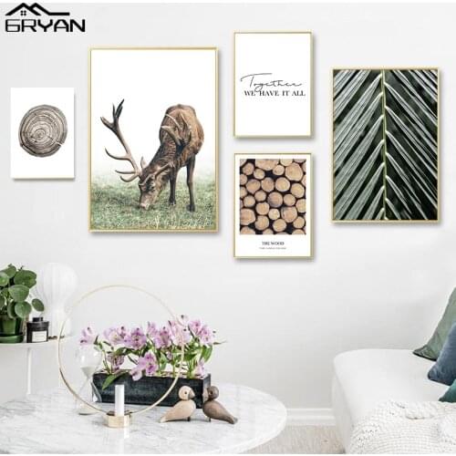 Jungle Wood Wall Art Poster Grassland Animal Deer Canvas Print Painting Tropical Plant Leaves Decoration Picture for Living Room