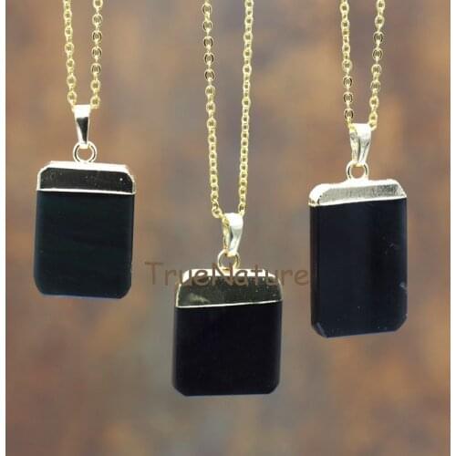 New Arrival Black Obsidians Gold Link Chains Jewelry Necklace Rectangle Obsidians Pendant Necklace In 16-32 Inch NM5860