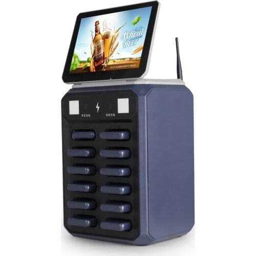 Public powerbank charging station rental with advertising monitor that accept credit cards and mobile pay