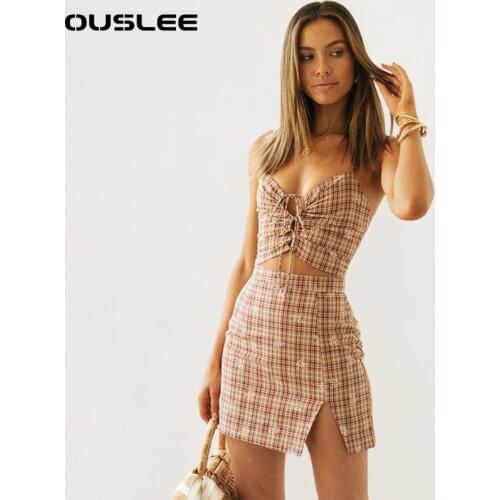 OUSLEE 2021 Summer New Plaid Two Piece Set For Women Sleeveless Backless Short Tops High Waist Skirts Sexy Suits Female Clothing