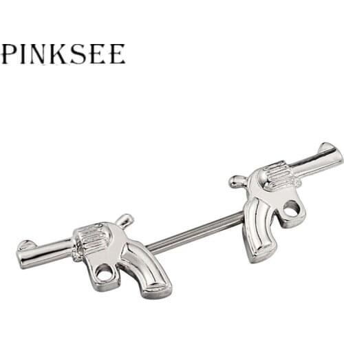 Pinksee 1PC Punk Retro Stainless Steel Double Guns Shape Nipple Shield Ring Fashion Nipple Barbell Piercing Hip-hop Jewelry