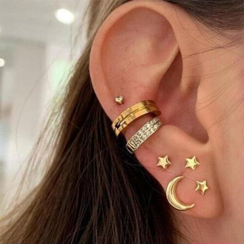 New Fashion Gold Color Punk Moon Stars Mixed Styles Ear Clip Cuff Wrap Earrings No Piercing-Clip On Cartilage Earrings for Women