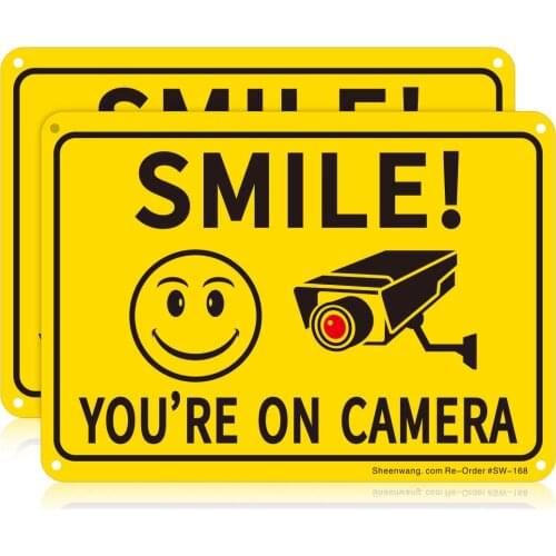 Sheenwang 2-Pack Smile Youre on Camera Sign Video Surveillance Signs Outdoor UV Printed .040 Mil Rust Free Aluminum 10 x 7 in