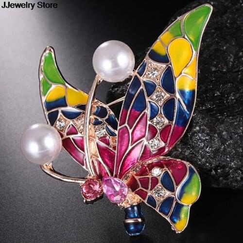 Rhinestone Fashion Imitation Pearl Brooches For Women Vintage Enamel Butterfly Brooch Pin Jewelry hot