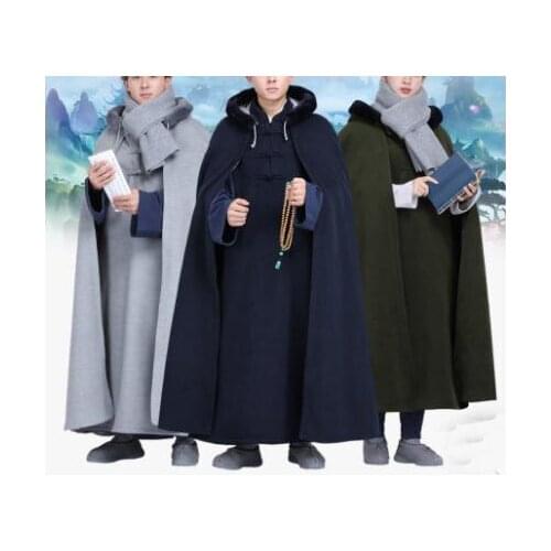 Unisex winter warm zen lay meditation cloakbuddha prayer coat buddhism shaolin monk cape kung fu suits robe green/yellow/coffee