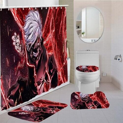 4 Pieces Shower Curtain Tokyo Ghoul Curtains Comic Cartoon Kids Bath Sets 3D Printing Animation Comfortable Shower Curtain