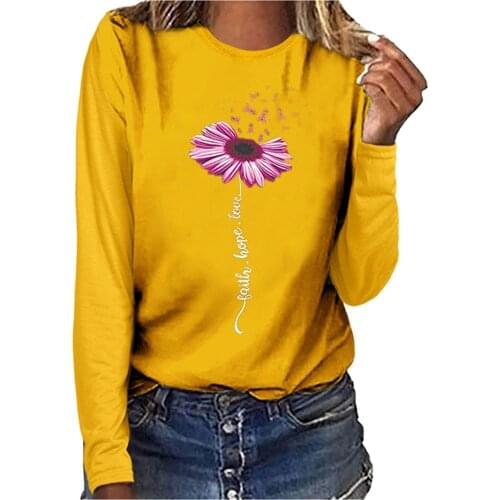 Women Long Sleeve Round Neck T-shirt Chrysanthemum Text Splicing Printing Solid Color Casual All-match Lovely Girls T-shirt
