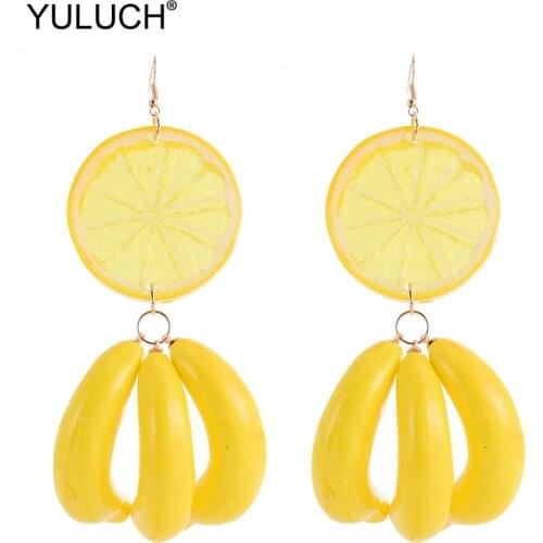 YULUCH Summer Fashion Banana Lemon Fruit Pompom Pom Pom Pendant Earrings For Women Ethnic African Boho Long Yellow Drop Earrings