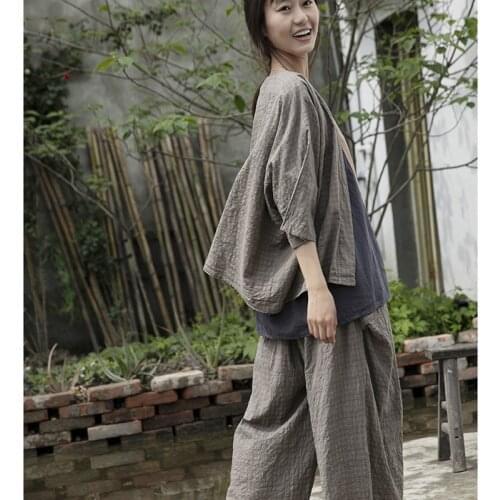 Check Trousers Chinese Traditional Costumes for Women Pants Wide Leg Cotton Linen Loose Tang Suit Casual Elastic Waist 2021 New