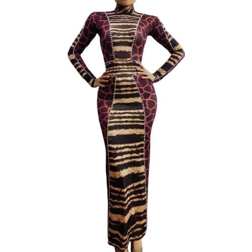 Modern Female Singer Clothes Fashion Print Elastic Skinny Long Dress Prom Party Costume Women Evening Show Stage Outift VDB3310