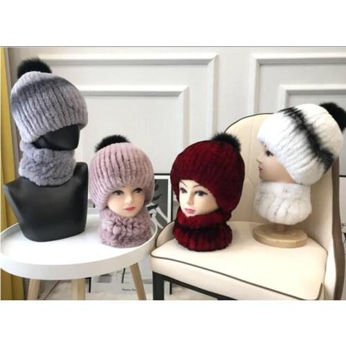 2020 winter Rex rabbit fur cap & ring scarf two piece for lady keep warm