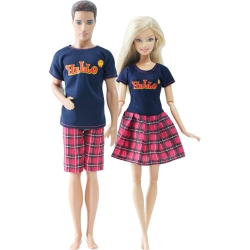 BJDBUS Mix 2 Pcs Doll Couple Outfit T-shirt Dress Daily Casual Wear Fashion Summer Clothes for Barbie Doll Accessories DIY Toys