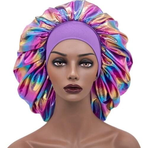 HanXi Big Stretch Wide-Brimmed Night Cap Laser Satin Shower Hat Women Hair Care Chemotherapy Beanie