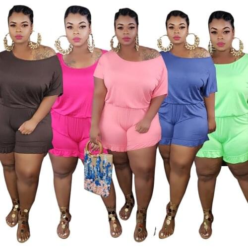 Big Size Women Jumpsuits 1XL--5XL Summer Short Sleeves Loose Solid Short Playsuits with Ruffles Bottom Comfortable Casual Outfit