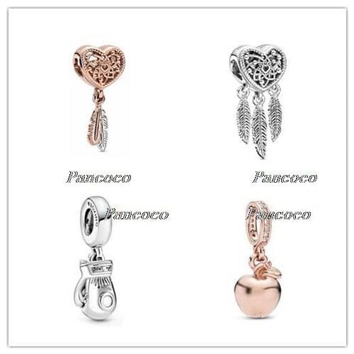 925 Sterling Silver Baeds Openwork Heart Three Feathers Dreamcatcher Charm Fit Pan Bracelet & Necklace Jewelry