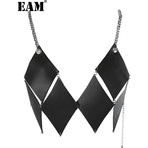 [EAM] Women Black Pu Leather IrregularTank Tops New V-collar Sleeveless Personality Fashion Tide Spring Summer 2021 1DE1505