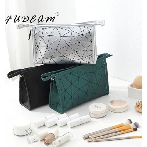 FUDEAM PU Geometric Plaid Women Cosmetic Bag Multifunction Waterproof Toiletries Storage Organize Make Up Bag Portable Wash Bag