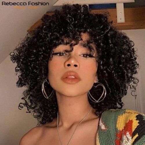 Rebecca Short Curly Wig With Bangs Full Machine Wigs Romantic Curly Hair Wigs For Women Kinky Curly Human Hair Peruvian Remy Wig