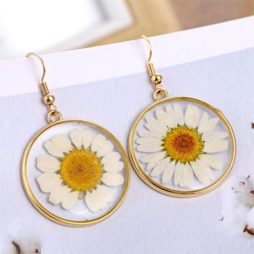 FNIO Fashion Resin Daisy Drop Earring For Women Transparent Dried Flower Elegant Earrings Bohemian Geometric Gold Jewelry 2019