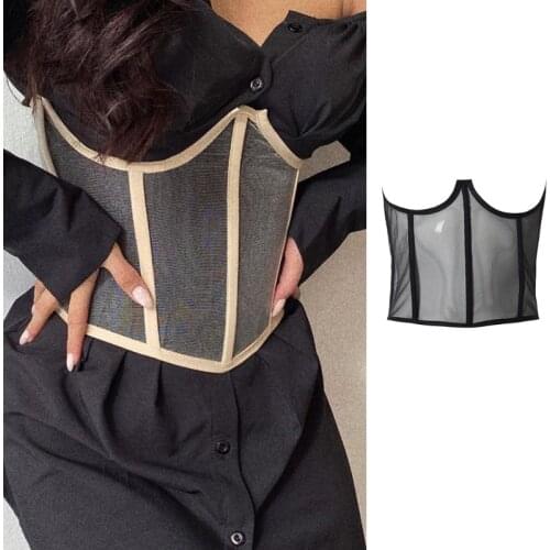 Fashion Sexy Sleeveless Corset Top Casual All Match Mesh Black See-ThroughTops with Fairy Bandage for Womens