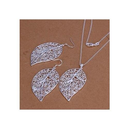 Sterling Silver color Jewelry Sets leaves Earring Hook And Leaf Pendant Necklaces+18" Singapore Chain