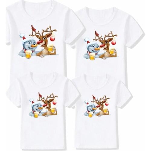Father Mather Kid Matching Family Outfits Reindeer Snowman Printed White T Shirt Cute Christmas Clothes for Family