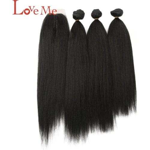 LOVE ME Yaki Straight Hair Bundles With Lace Front Closure 3 pcs Hair Weave With Closure Ombre Brown Golden Hair Extension