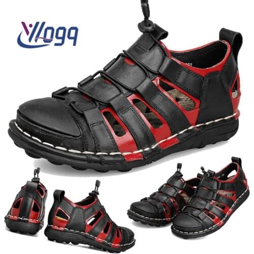 Summer Business Casual Mens Sandals Men Leather Splice Shoes Outdoor Male Hand Stitching Wrapped Toe Beach Sandal Men Hole Shoe