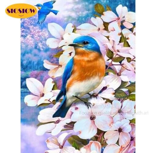 SIOSIOW 5D DIY Diamond Painting Flower And Bird Blue Cross Stitch Diamond Beads Embroidery Bird Animals Picture Kits Home Decor