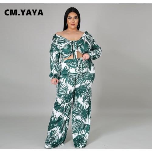CM.YAYA Women Plus Size Set Print Full Sleeve Bandage Crop Tops Wide Leg Loose Pants Two 2 Piece Sets Tracksuit Summer Outfits