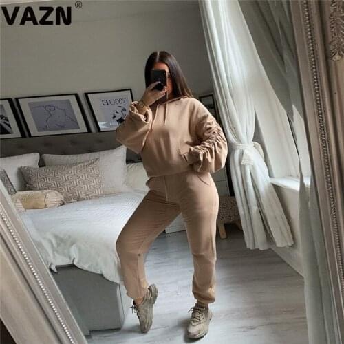 VAZN 2020 New Simple High-end Solid Nature Casual Young Hooded Full Sleeve Group Long Pants Tracksuits Slim Women 2 Piece Set