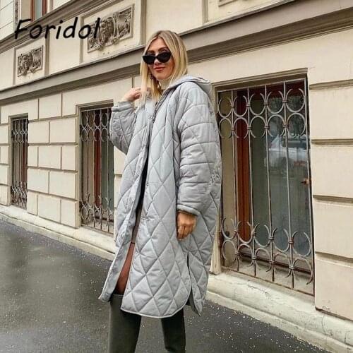 Foridol Argyle Hooded Long Parkas Coat Beige Pockets Zipper Oversized Women Winter Jacket Coat Grey 2021 Abrigo Manteau Femme