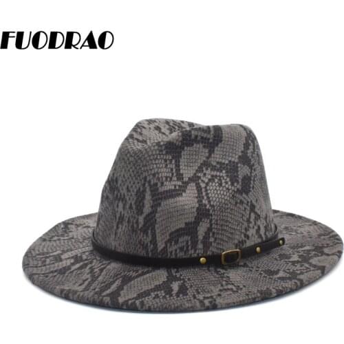 FUODRAO Womens Flat Brim Wool Felt Jazz Fedora Hat Mens Womens Snake Print Leather Band Decoration Trilby Panama Hat F98